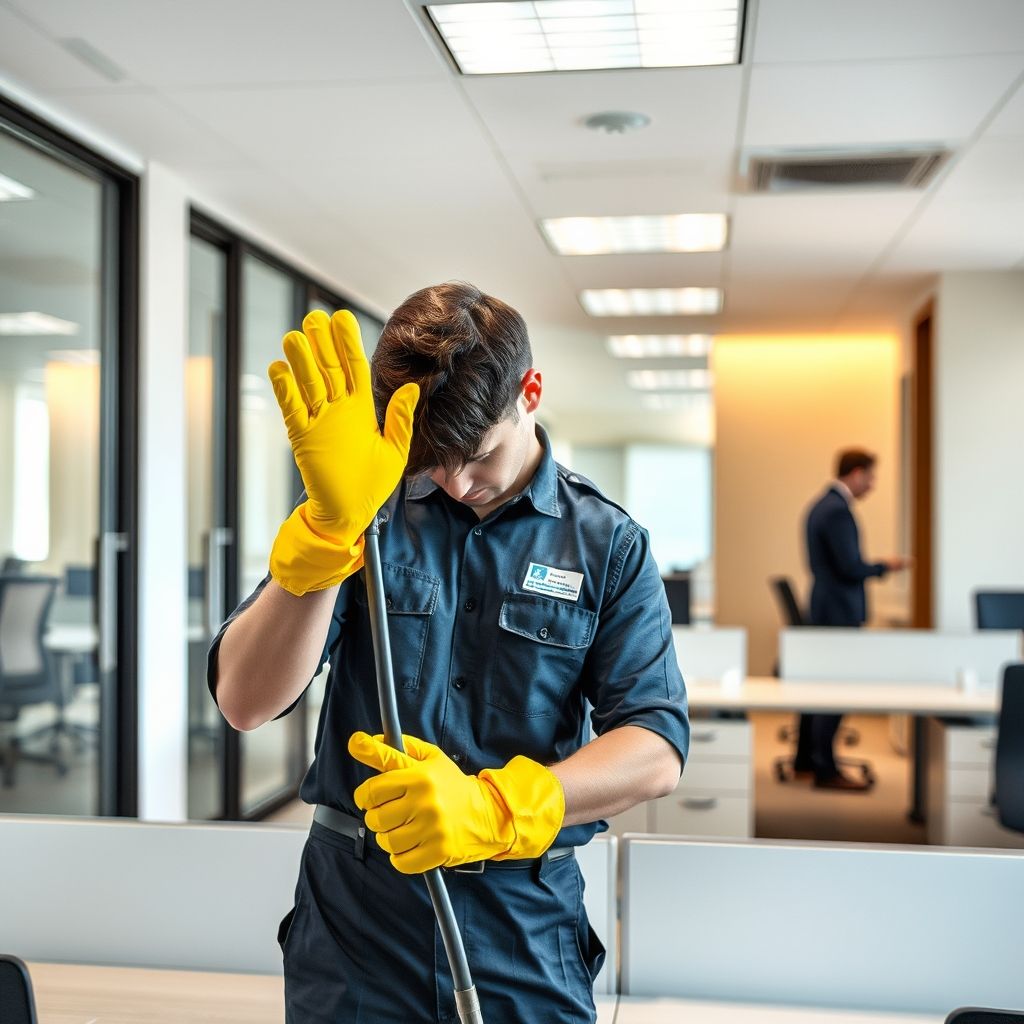 Un technicien en uniforme protège ses mains avec des gants jaunes, appliquant un produit de nettoyage sur un bureau en bois clair. L’atmosphère est lumineuse et soigneusement organisée, avec un souci du détail évident dans le nettoyage méticuleux.