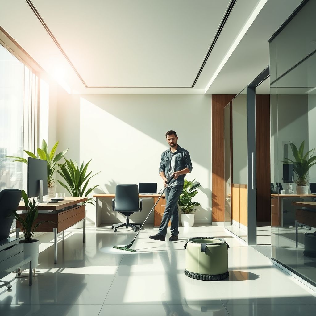 Sous un ciel lumineux, un technicien en tenue professionnelle nettoie soigneusement un bureau moderne avec des outils spécialisés, assurant un environnement impeccable. La scène évoque propreté, organisation et efficacité, avec une palette de couleurs vertes rappelant l’engagement écologique. L’éclairage naturel illumine la pièce, soulignant la qualité du travail et le soin apporté à chaque détail.