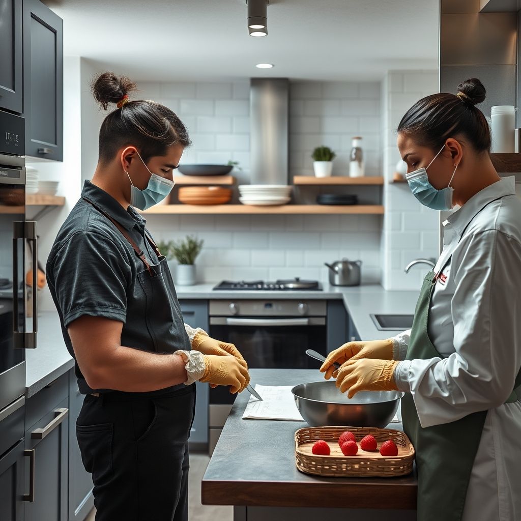 Un technicien équipe des gants et nettoie soigneusement une cuisine moderne, garantissant un intérieur sain et propre.