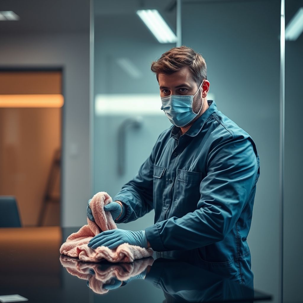 Un technicien spécialisé nettoie rapidement un bureau avec un chiffon microfibre, assurant une surface propre et sans poussière, dans un environnement professionnel lumineux.