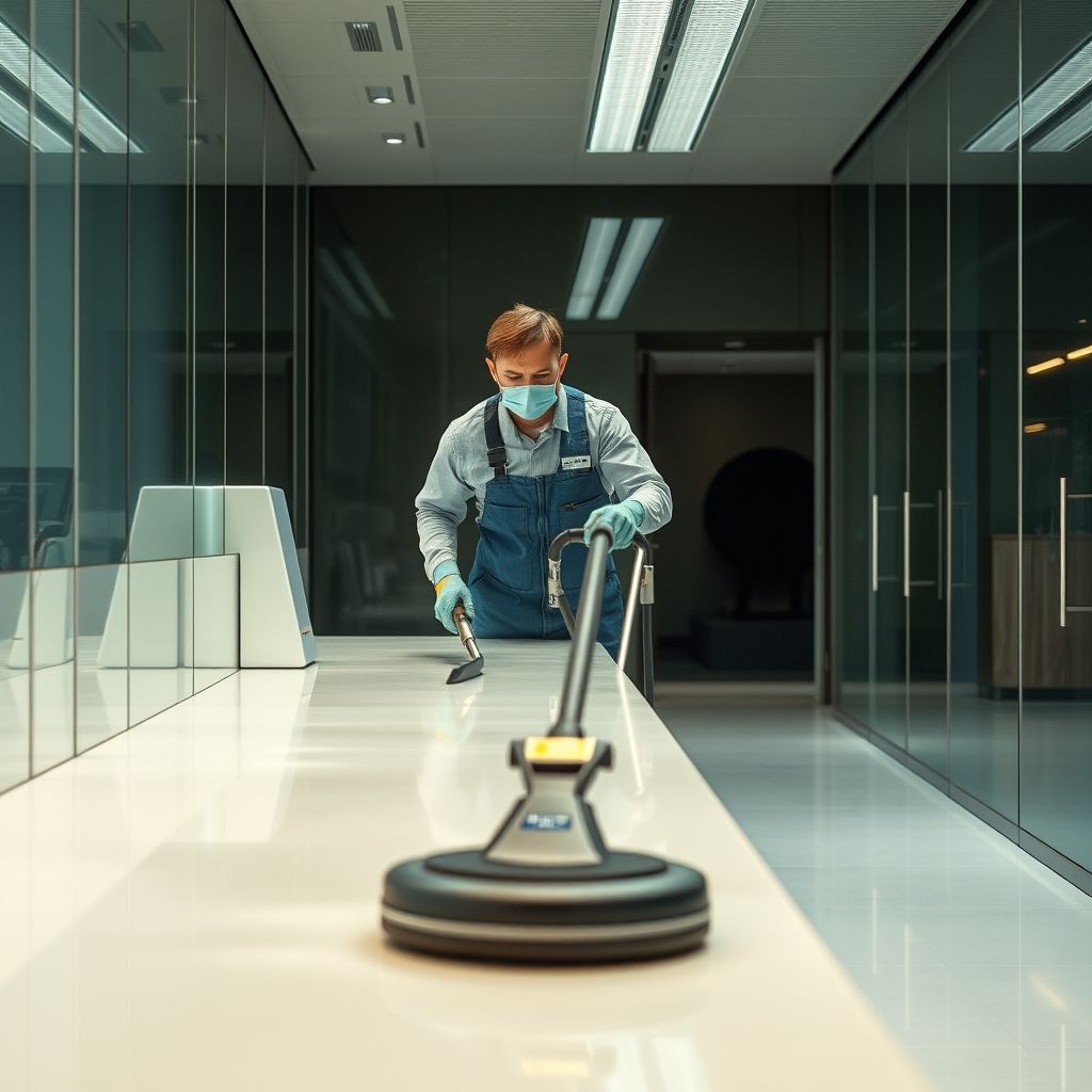Un technicien professionnel équipe une machine de nettoyage haute technologie dans un bureau moderne, entouré de surfaces immaculées et d’équipements brillants. La scène respire la fraîcheur, l’efficacité et l’innovation.