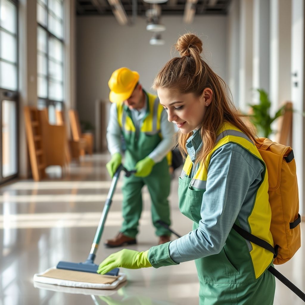 Une équipe de nettoyage professionnelle travaille méthodiquement dans un grand bureau, utilisant des produits écologiques pour un résultat impeccable et durable.