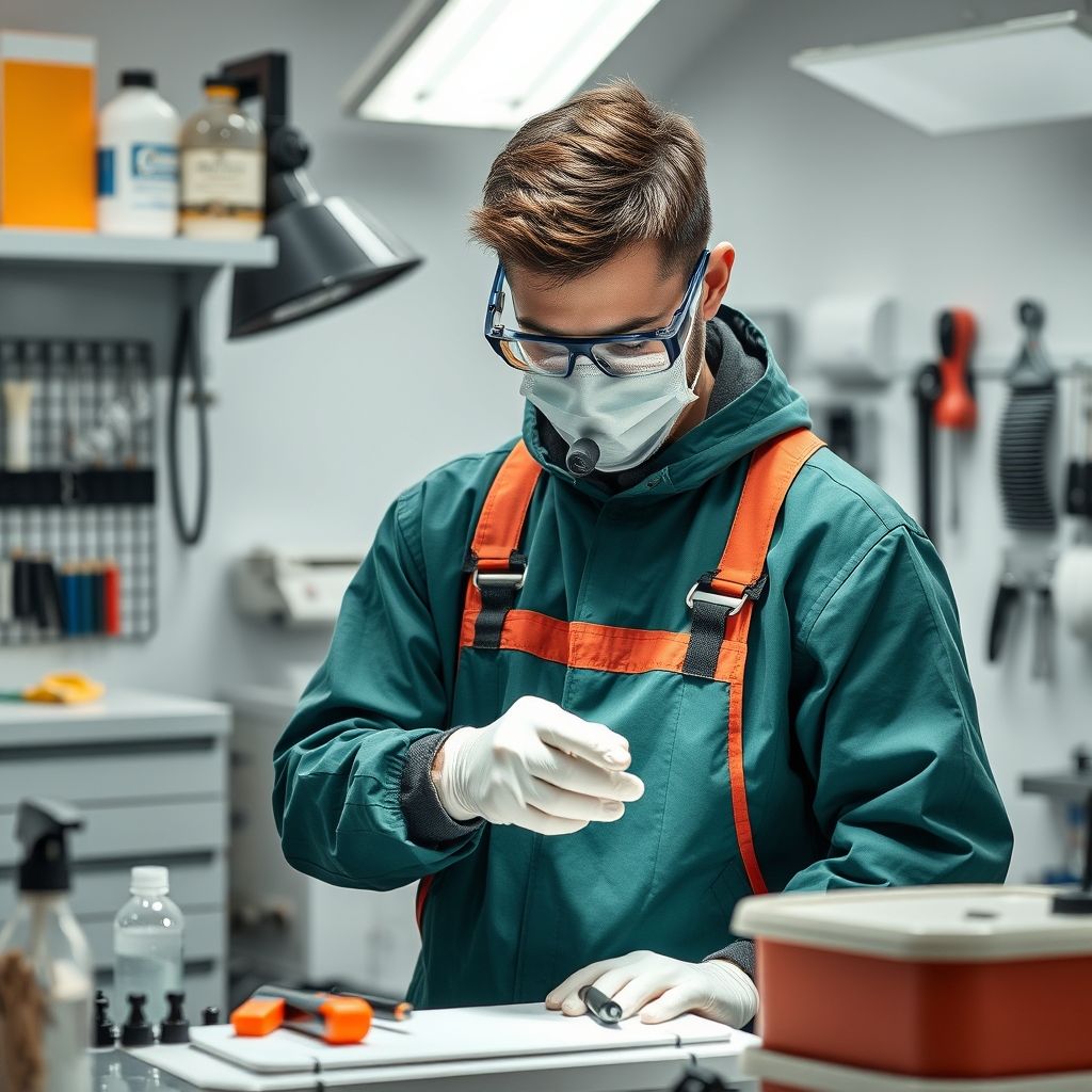 Un technicien professionnel nettoie un bureau moderne avec des outils spécialisés, assurant propreté et hygiène optimale.