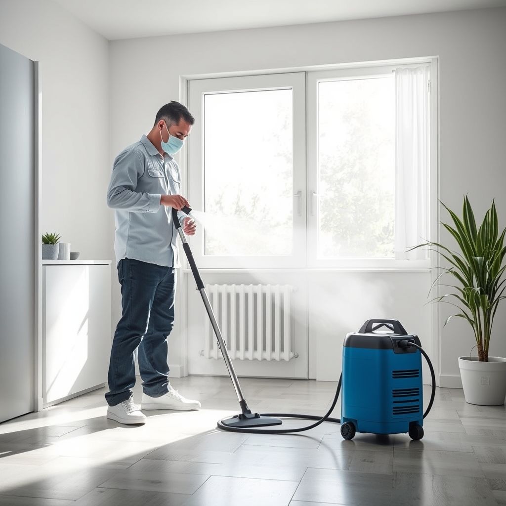 Un technicien utilise un appareil vapeur pour désinfecter minutieusement un espace, assurant une hygiène parfaite et une purification de l’air.