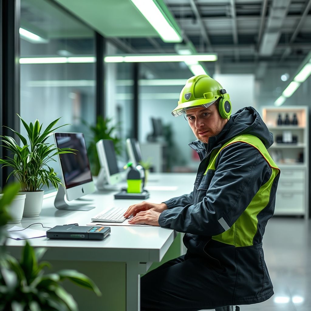 Un technicien professionnel nettoie un bureau moderne avec soin et efficacité, dans un environnement lumineux et vert, symbole de l’engagement écologique de Tellmionias.